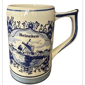 Vintage DELFT BLUE Holland Heineken beer Mug is Hand-Painted Blue/Beige Colors.
